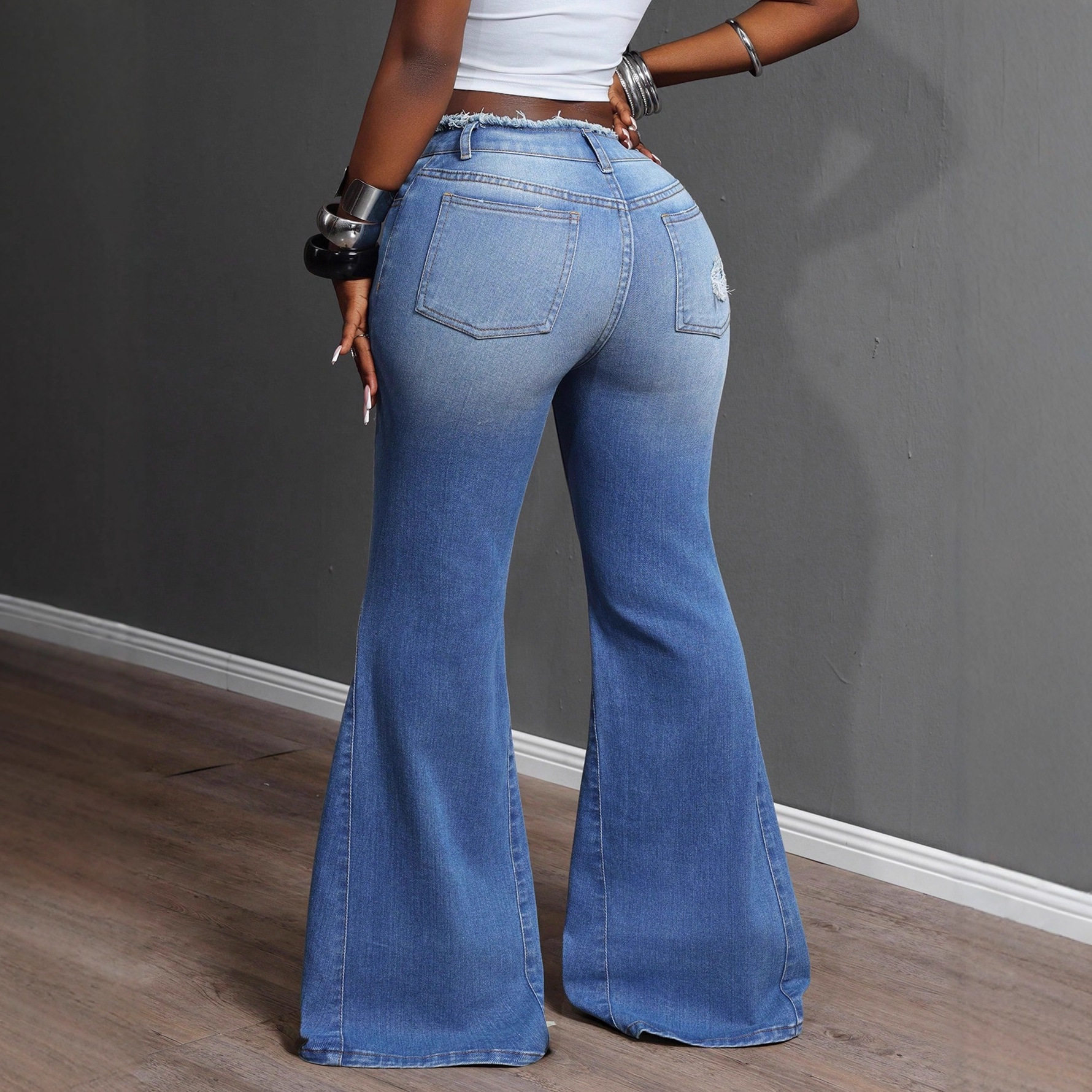 High Waisted Flare Jeans Stretchy Fashionable Distressed Design Casual Wear for Women Wholesale Available