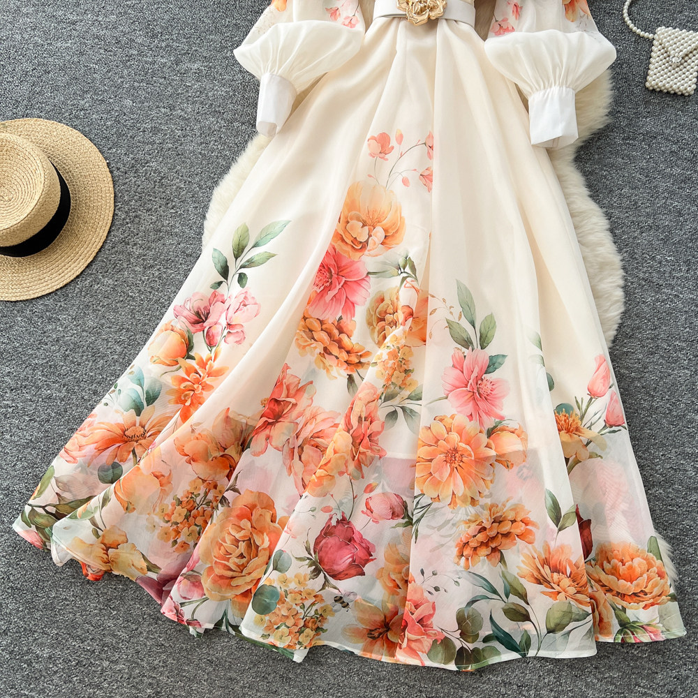 Vintage Elegant Floral Print Belted Dress Long Sleeve A Line Silhouette Waist Tie Office Wear Casual Outing