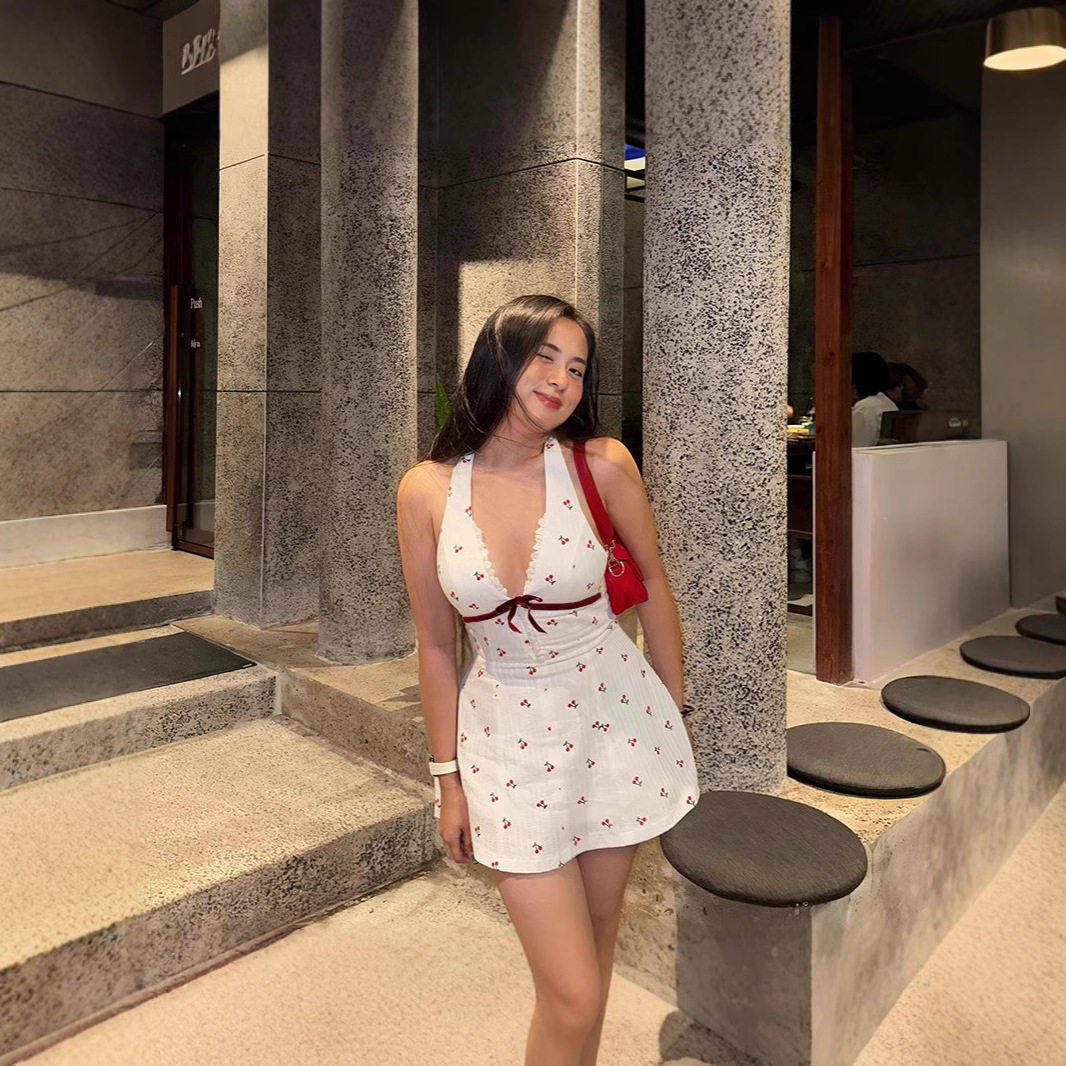 Chic Deep V Backless Cherry Print Dress Sweet and Spicy Style Perfect for Winter Parties Wholesale Available