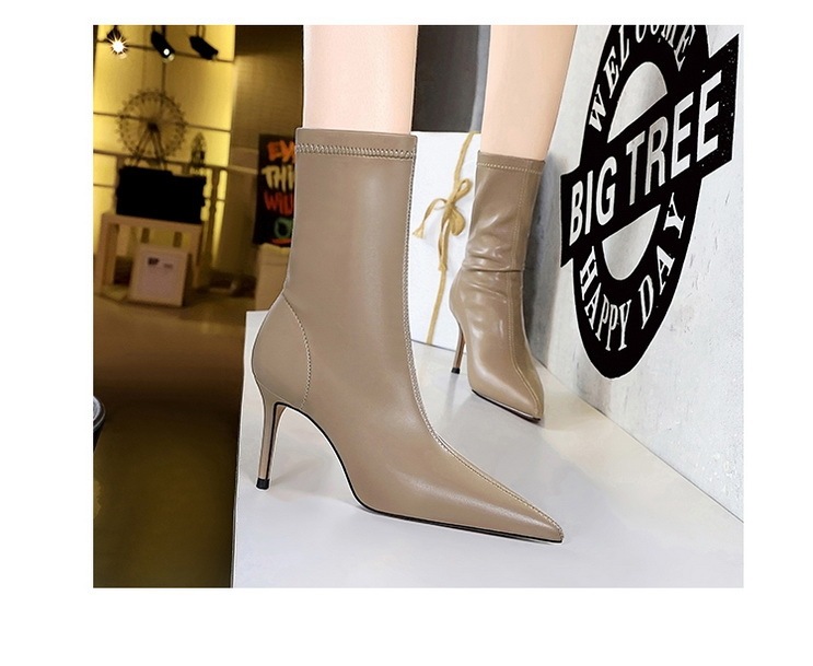 Boot nữ cổ thấp mũi nhọn gót nhọn cao 7.5cm phong cách thanh lịch — Màu đen lót một lớp, Màu đen lót nhung, Màu Kaki lót nhung, Màu Kaki một lớp lót trong
