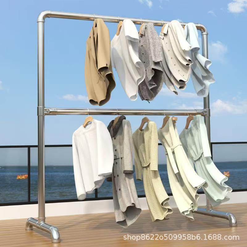 ♔ Double-Layer Steel Pipe Clothes Drying Rack, Hanging Rack with Upper and Lower Poles, Floor-Standing Rack for Indoor Balcony, Extra Thick for Clothing Display