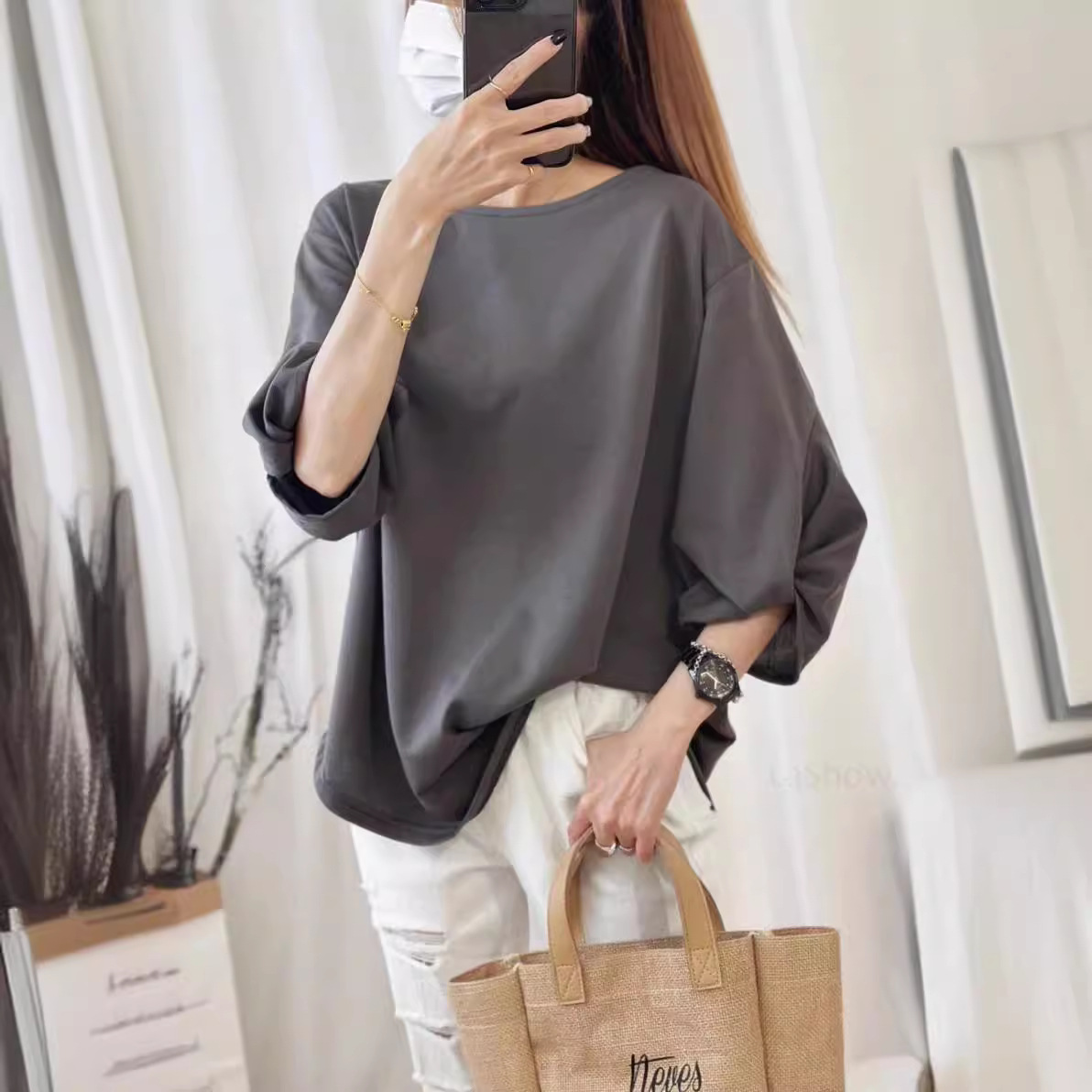 跨境爆款七分袖T恤女年早秋季新款时尚宽松遮肉显瘦半袖上衣ins风