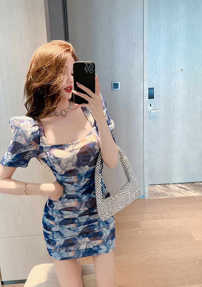 Đầm ôm body nữ họa tiết hoa in, tay bồng cổ vuông, phong cách Pháp — [Xanh dương] chi tiết 5