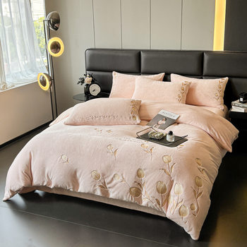 French-Style Light Luxury Milk Velvet Four-Piece Set, New Winter Model with Extra Fleece and Thickened High-Density Double-Sided Velvet Bed Sheet and Duvet Cover Set