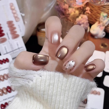 Wearable Nail S11-01 Handmade Manicure Atmosphere Coffee Color Cat Eye Ins Style Mix and Match Cat Eye Three-Dimensional Wave Dot Beauty