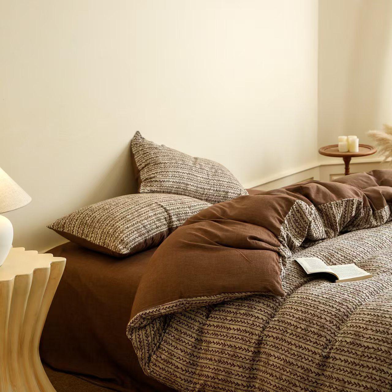 Retro Pastoral Style Skin-Friendly Holiday Naked Sleeping Cotton Yarn-Dyed Jacquard Four-Piece Set Pure Cotton Bed Sheetss and Quilt Covers Bedding