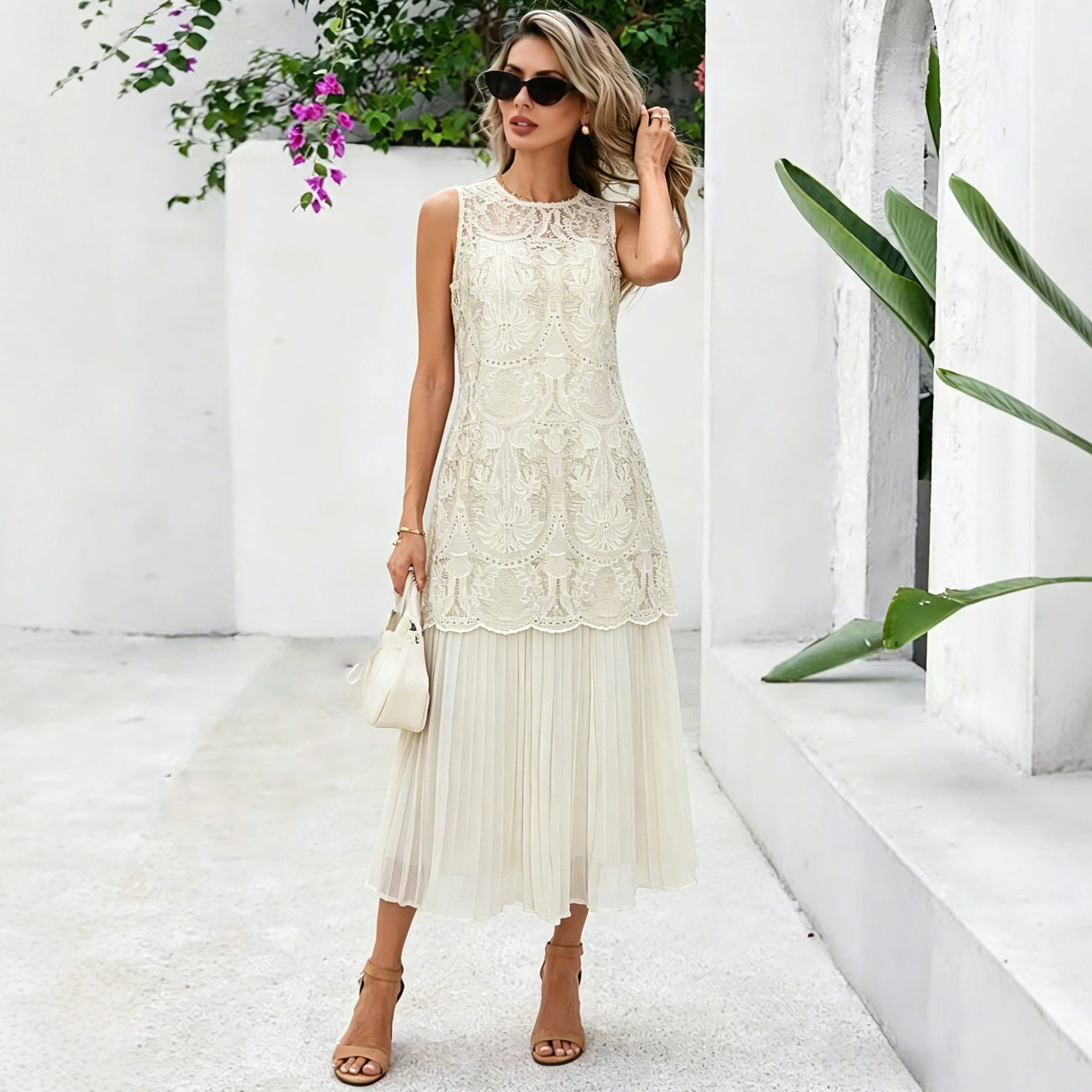 French Style Sleeveless Midi Dress Embroidered Jacquard Pleated Design Unique Aesthetic Summer Fashion Wholesale