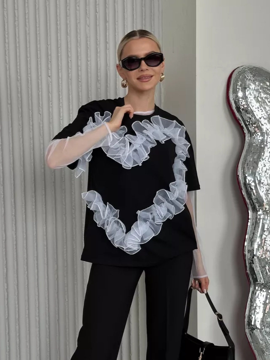 Womens Ruffled Heart Design T Shirt Soft Cotton Loose Fit Round Neck Stylish Layered Look Casual Wear Wholesale