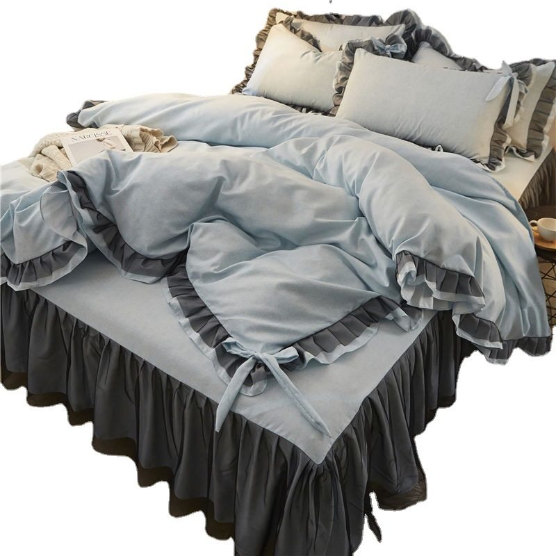 Lace Bed Skirt Four-piece Set Solid Color Girl's Bed Skirt Bed Cover Princess Wind Bed Quilt Cover Three-piece Set Sanding