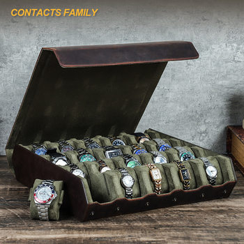 New Retro Crazy Horse Cowhide 20-Position Mechanical Watch Box Cross-Border Portable Leather Watch Display Collection Box