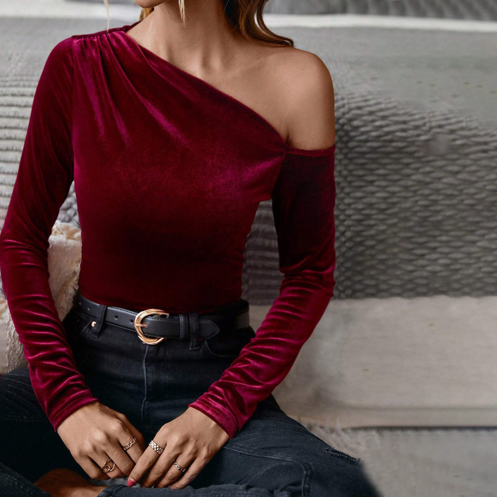 Velvet Off Shoulder Top Slim Fit Long Sleeve Solid Color Elegant for Parties and Events Wholesale Available