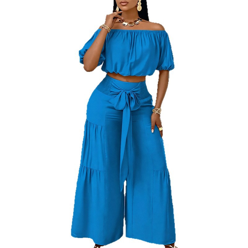 Womens Summer Outfit Set Fashionable Casual Style Solid Color Puff Sleeve Top Wide Leg Pants Wholesale Available