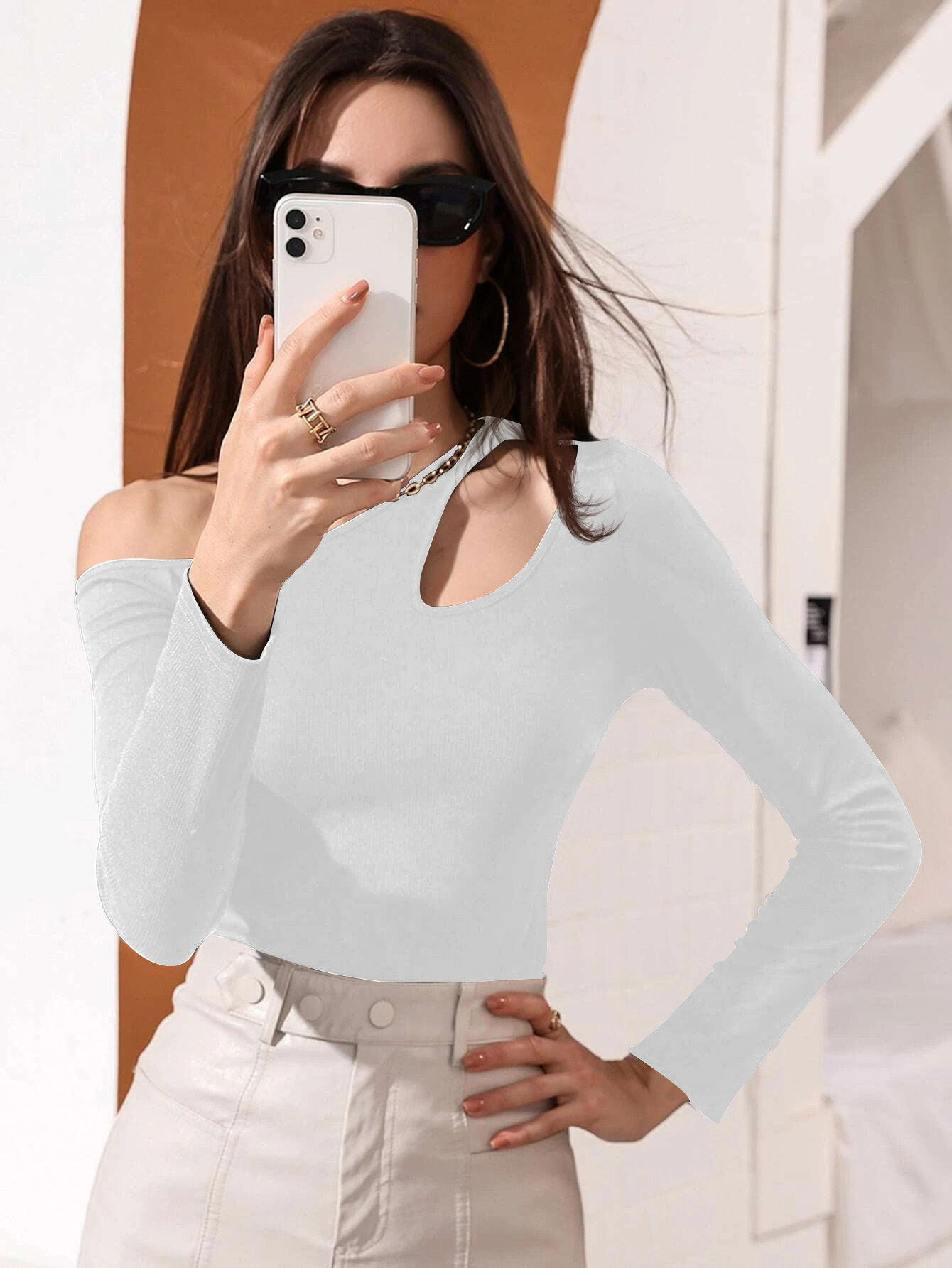 Womens Long Sleeve T Shirt Sexy Hollow Out Waist Defining Casual Style Autumn Winter Collection Ready to Ship