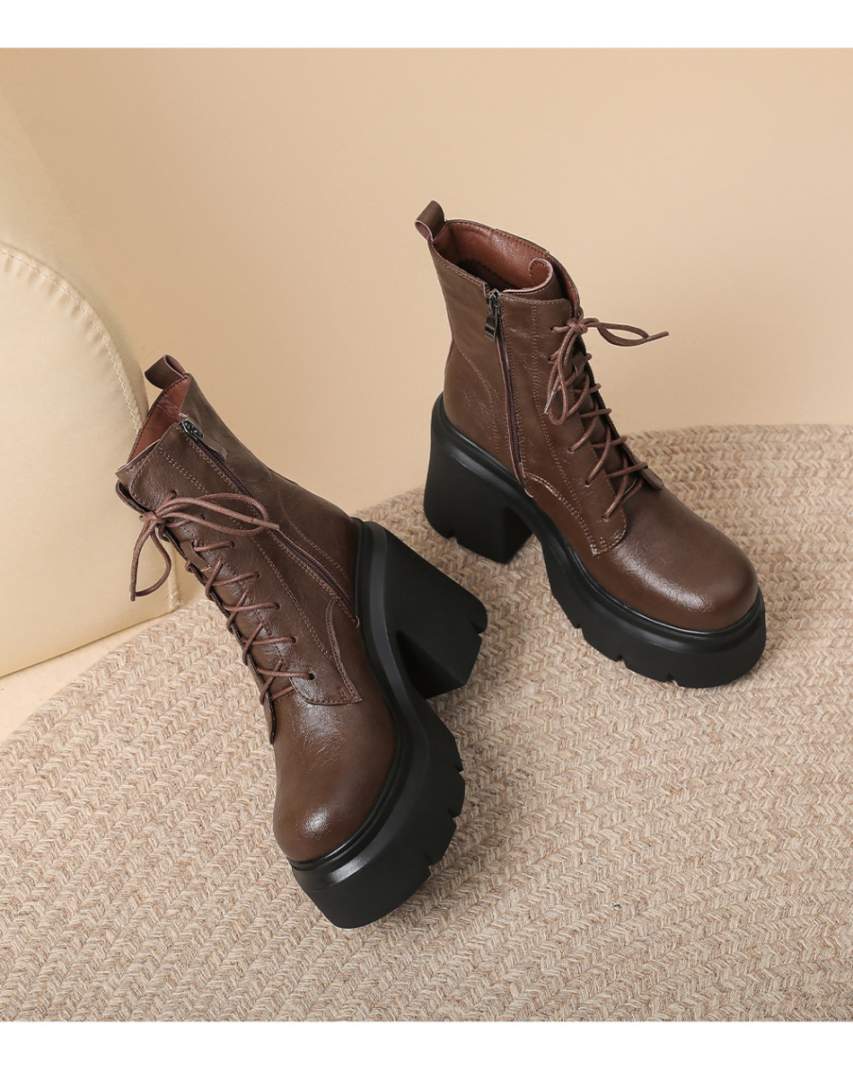 Boot Martin nữ cổ thấp đế dày gót thô 12cm da bò thật dây buộc tăng chiều cao — Lớp lót đơn màu đen, Lớp lót đơn màu nâu, Lót nhung đen, Lót nhung màu nâu