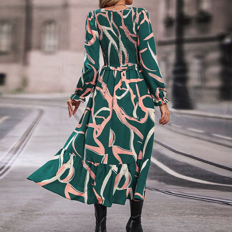 Floral Print V Neck Dress Womens Autumn Fashion Elegant and Comfortable Available for Wholesale
