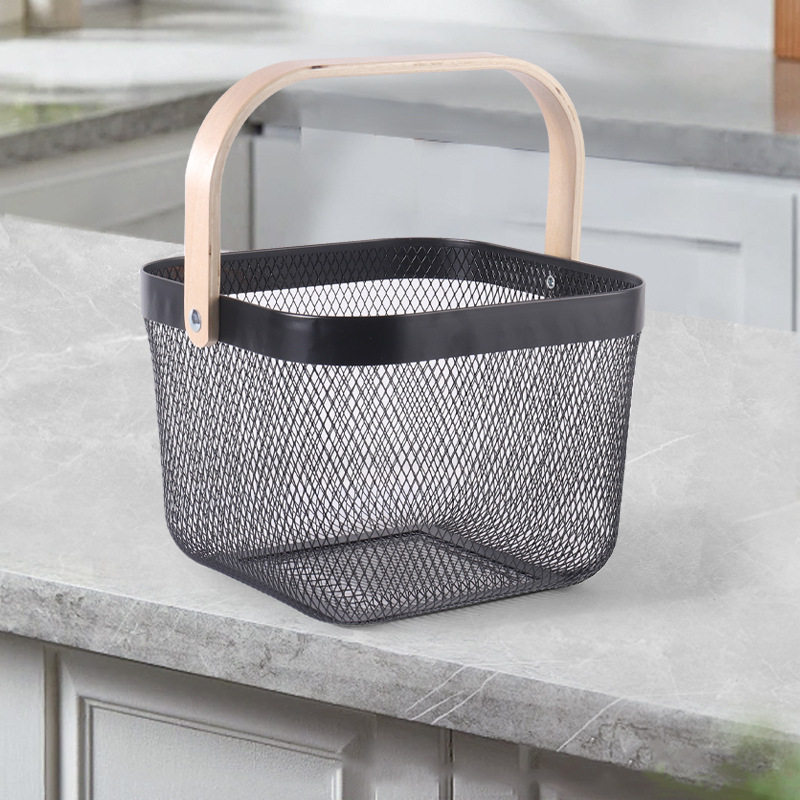 Factory Direct Sales Nordic Iron Cut Out Storage Basket Wooden Handle Satchel Fruit Basket Household Storage Vegetable Drain Basket