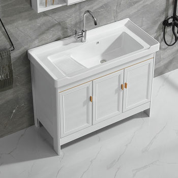 Bathroom Balcony Ceramic Laundry Basin with Washboard Sink Space Aluminum White Floor-Standing Bathroom Cabinet Combination Washbasin