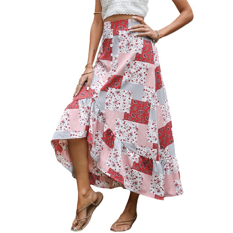 Floral Print Maxi Skirt Loose Fit Asymmetrical Design Comfortable Fabric Casual Wear Summer Style Wholesale