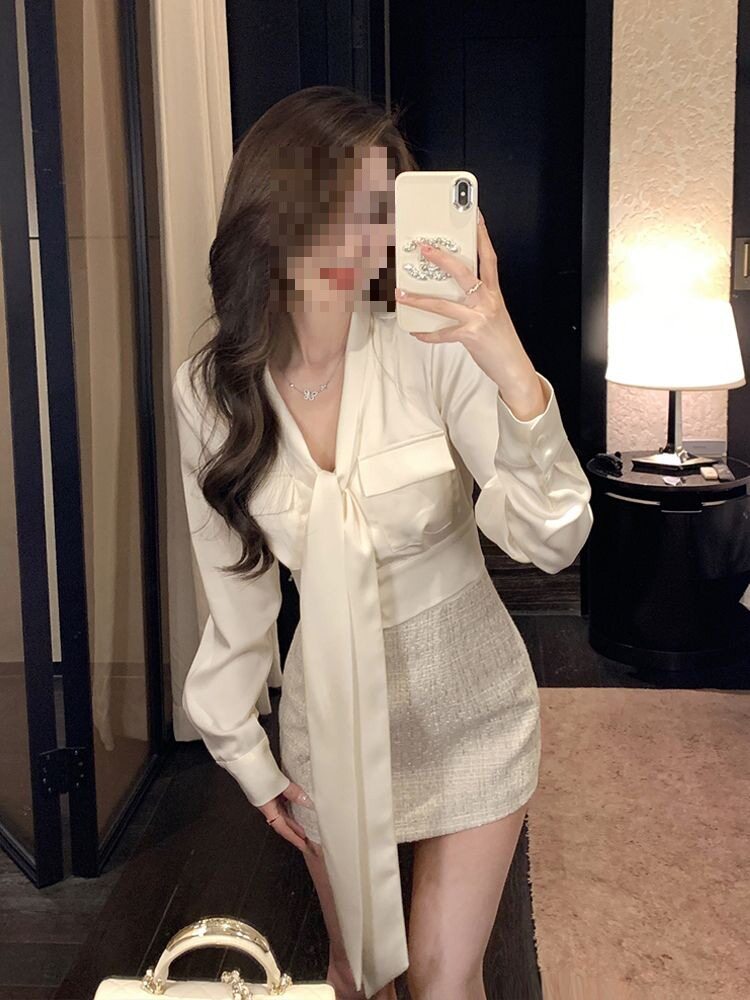 French Satin Suit for Women 2025 Spring & Fall New Elegant Bow Waist Shirt Hip-Covering Skirt Two-Piece Set