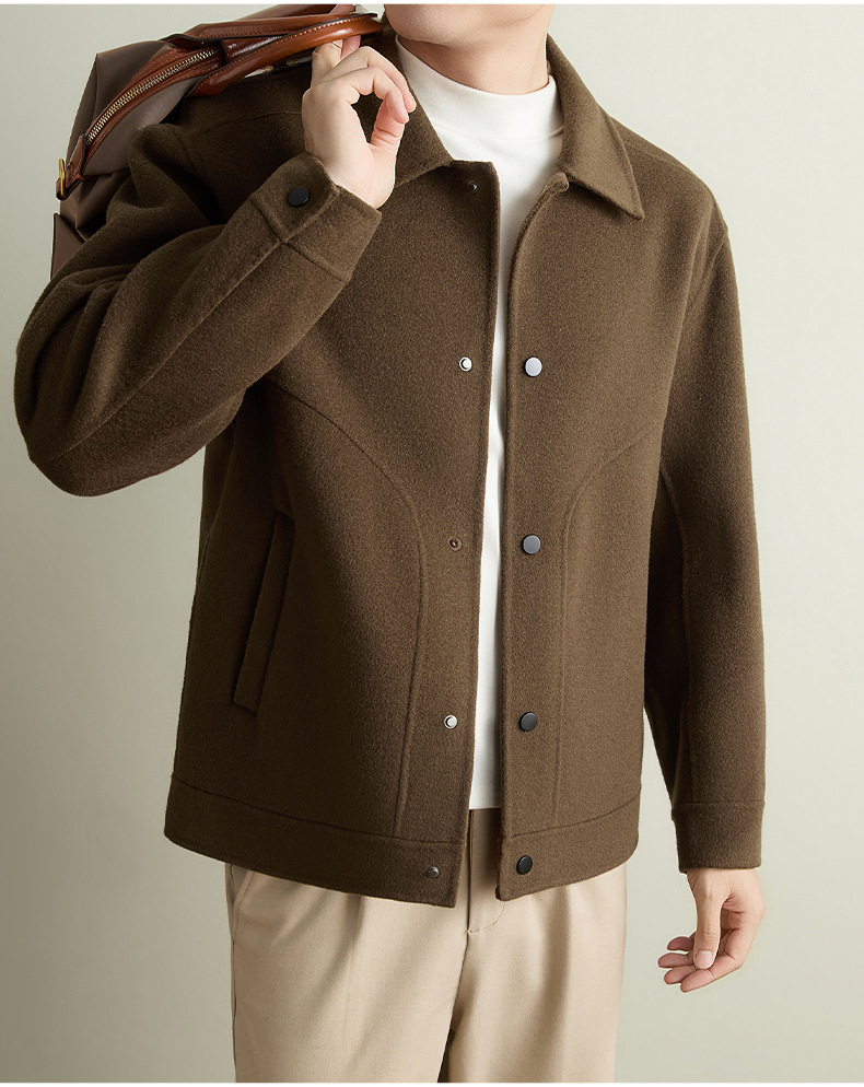 Áo khoác dạ ngắn nam hai mặt pha len lông cừu may thủ công cổ bẻ phong cách casual — Xám đậm, Cà phê đậm, Màu kaki