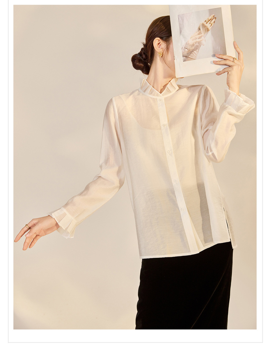 Áo sơ mi nữ cổ đứng viền ren dài tay phong cách thanh lịch P8018 — Trắng ngưng sương (giao hàng 7 ngày), Trắng Ngưng Sương (Giao hàng trong ngày)