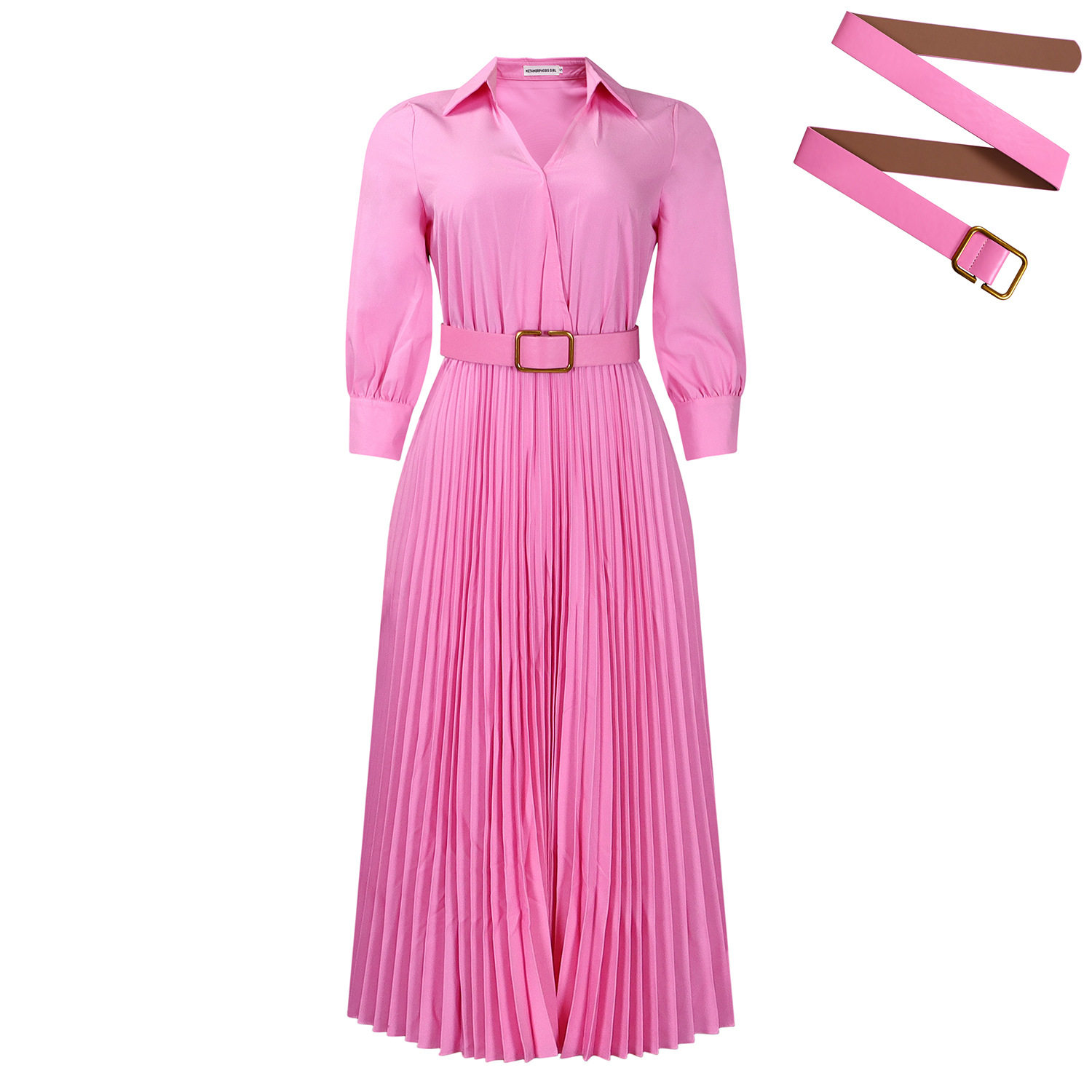 Plus Size Womens Dress Elegant Solid Color Flared Skirt Pleated Design Lapel Collar Autumn Winter Collection