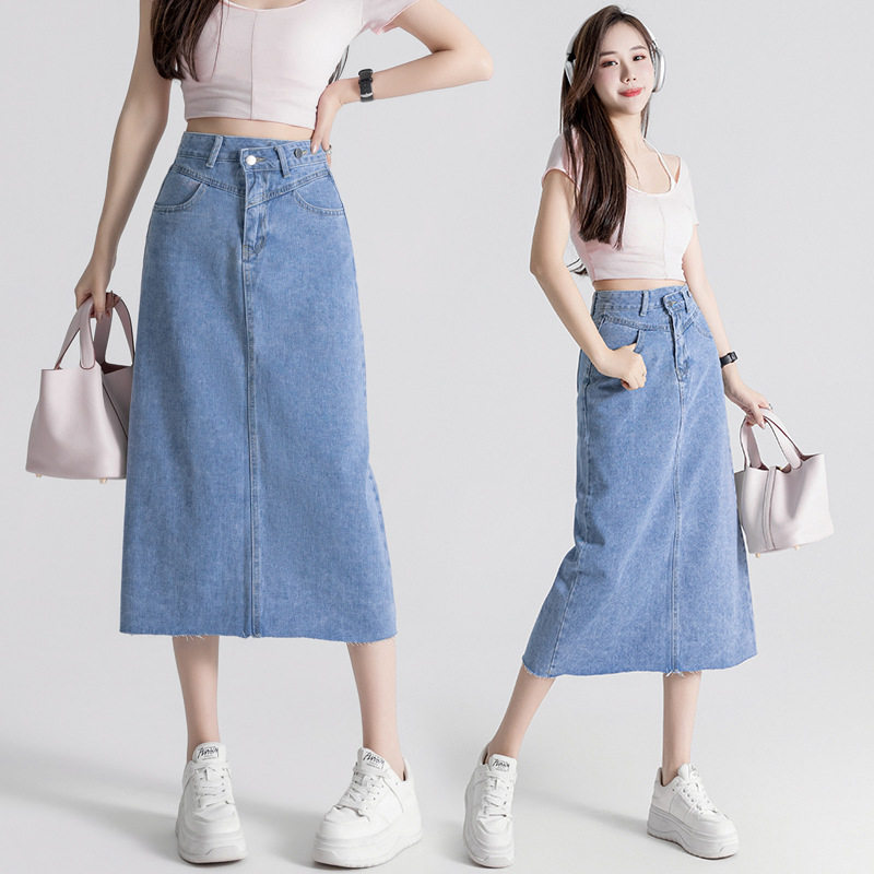 Fashionable High Waisted Denim Midi Skirt for Women Vintage Split Design A Line Silhouette Slim Fit Summer Casual