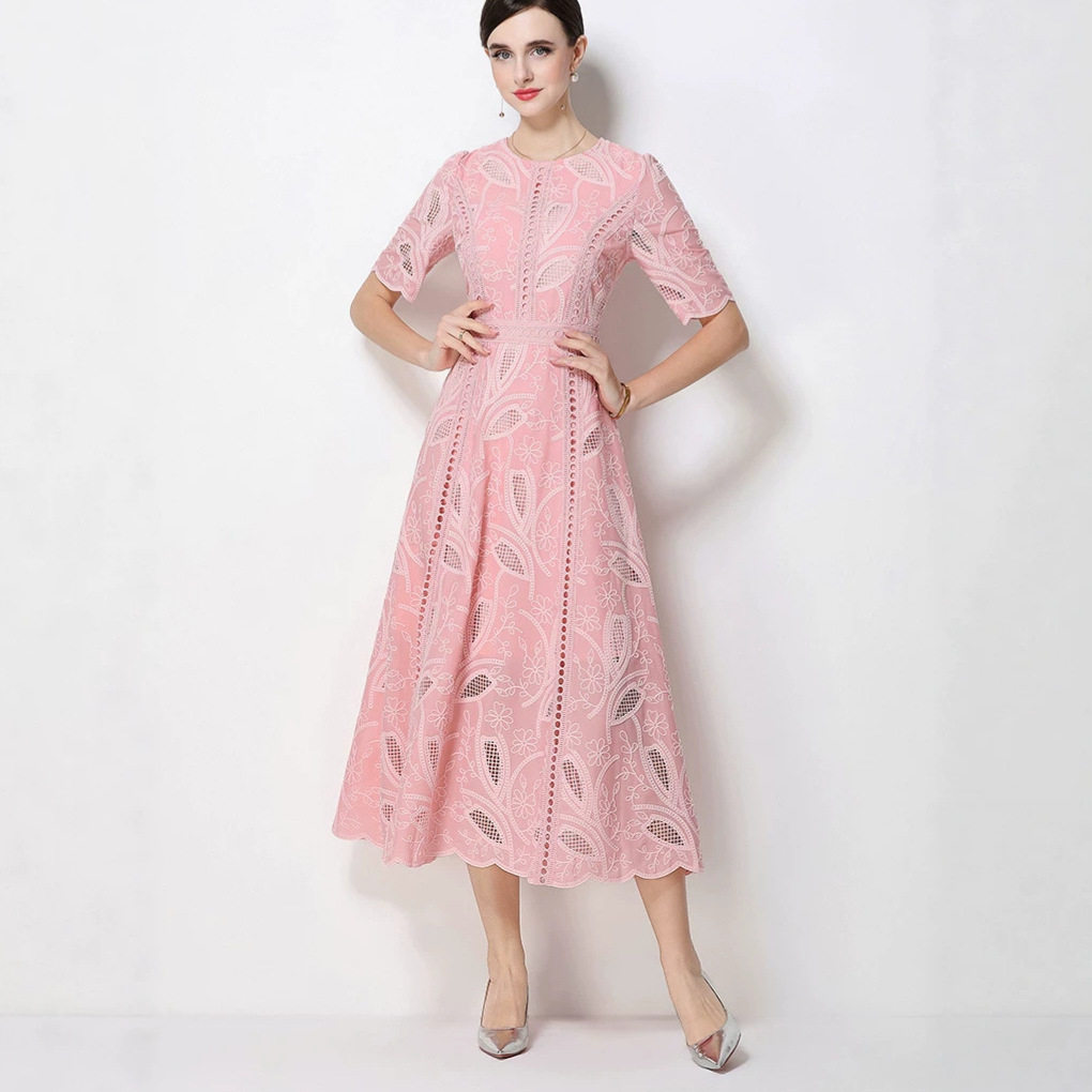 French Style Womens Dress Elegant Hollow Embroidery Waist Defining Slim Fit Summer Long Dress for Special Occasions