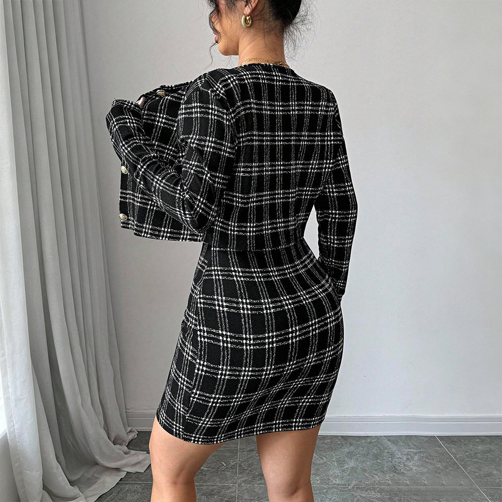 Black and White Plaid Two Piece Set Slim Fit Waist Cinching Elegant Style Perfect for Parties and Social Events