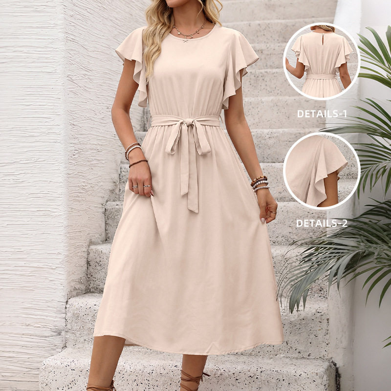 Casual Solid Color A Line Dress Flutter Sleeves Round Neck Tie Waist Perfect for Vacation or Summer Events OEM