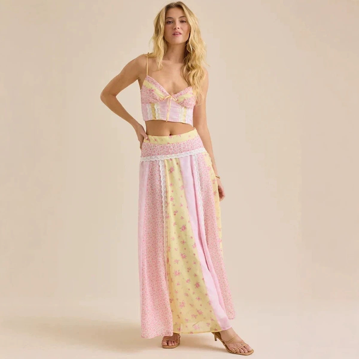 Floral Print Cami Top and Maxi Skirt Set Womens Summer Outfit Lightweight Comfortable Stylish Wholesale Available