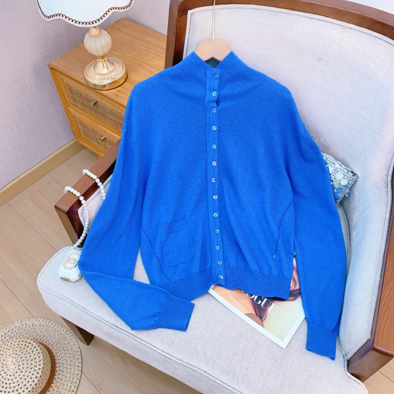 Áo cardigan nữ cổ đứng dáng rộng vai trễ có túi cài nút một hàng — Màu xanh dương