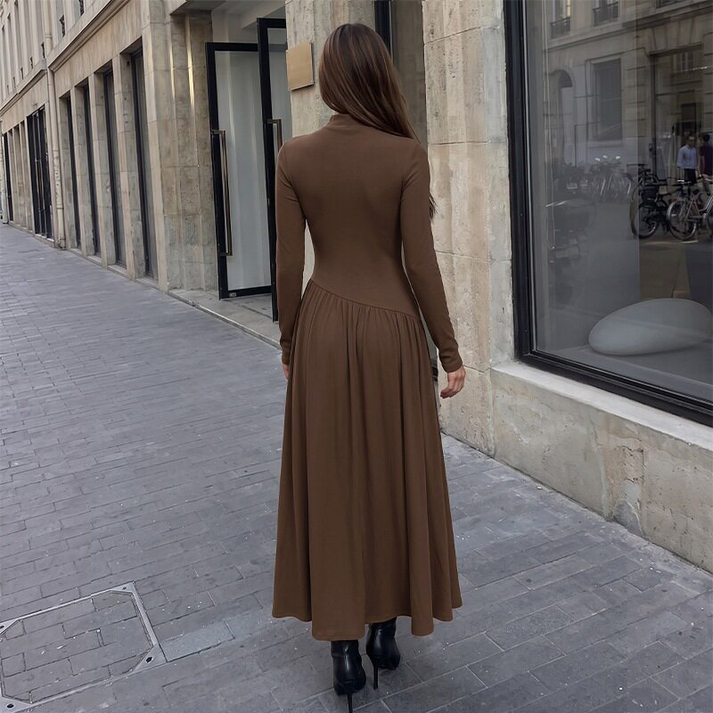 Casual Color Block Long Sleeve Dress High Neck Relaxed Fit Solid Color Perfect for Everyday Wear Wholesale Available