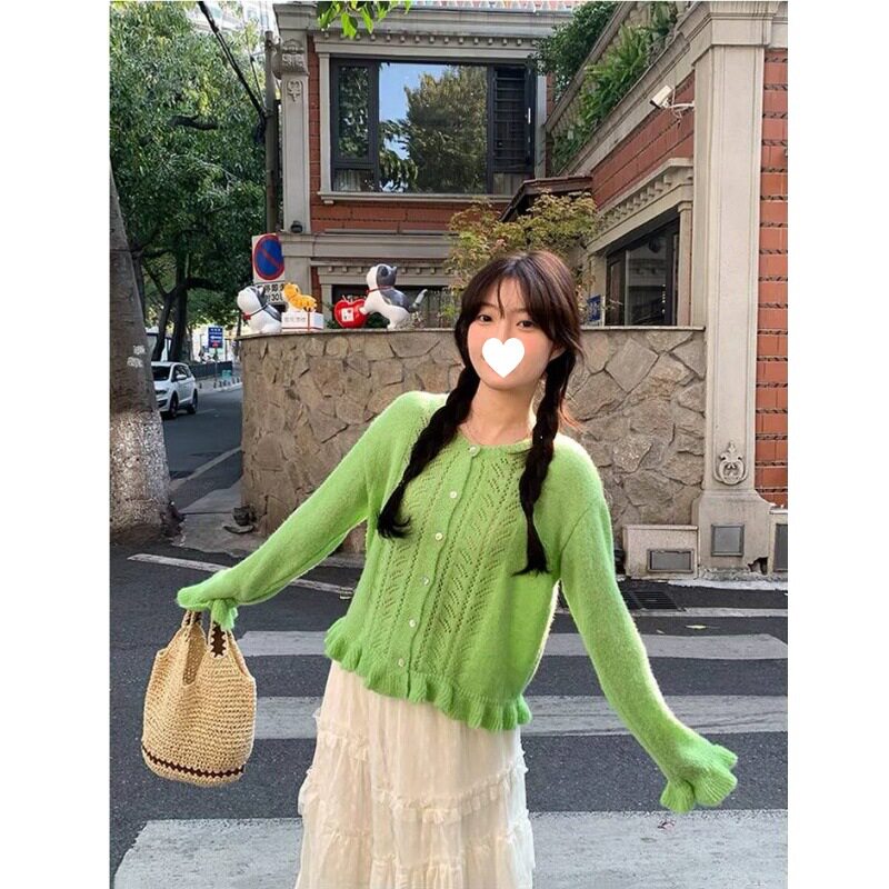 马海毛荷叶边镂空开衫2026新款春季好看毛衣温柔风针织外套