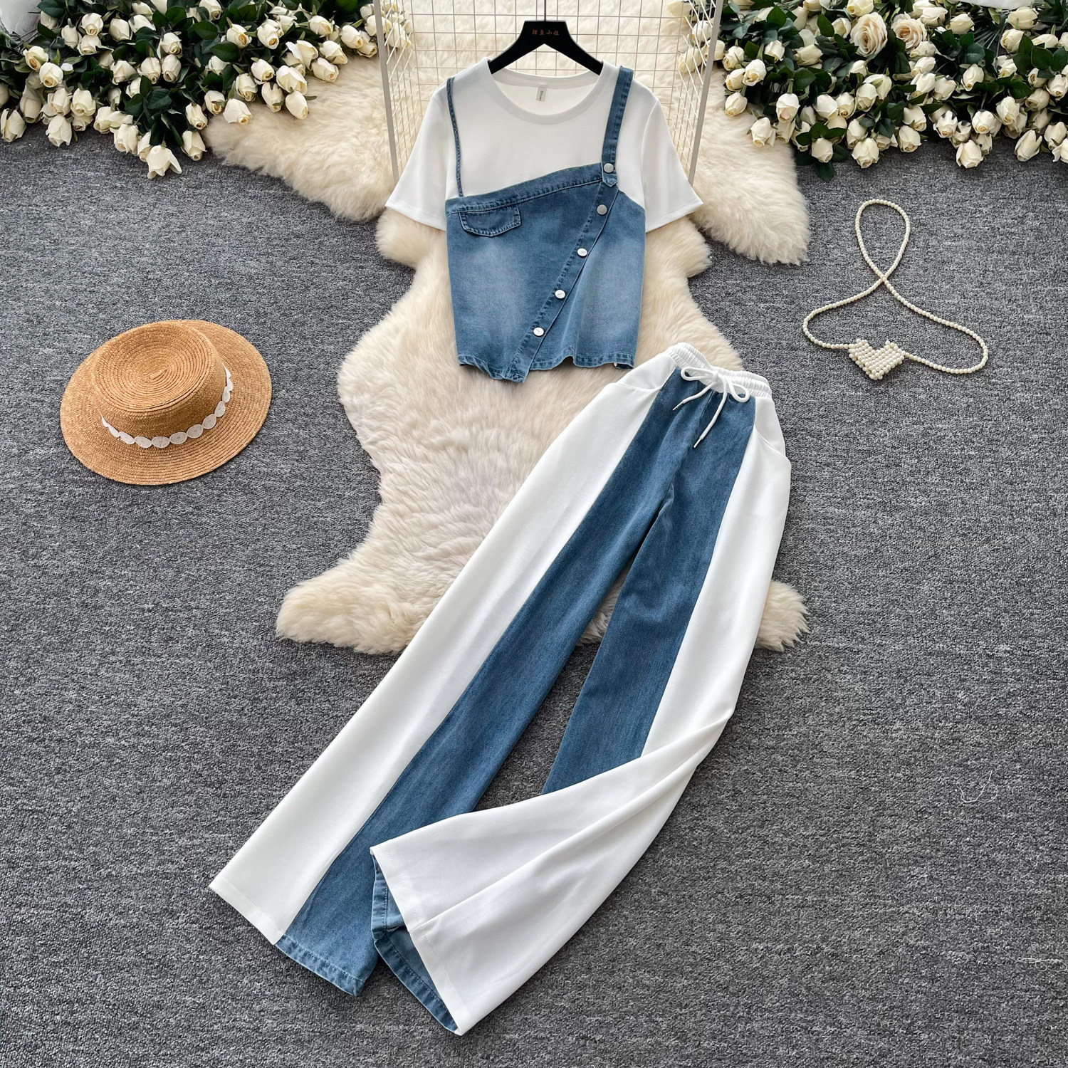 Retro Patchwork Denim Two Piece Set for Women Slim Fit High Waist Casual Style Summer Collection Ready to Ship