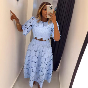 Amazon European and American Cross-border Women's New French Design Hollow Top Fashion Casual suit Women's Two-piece Set