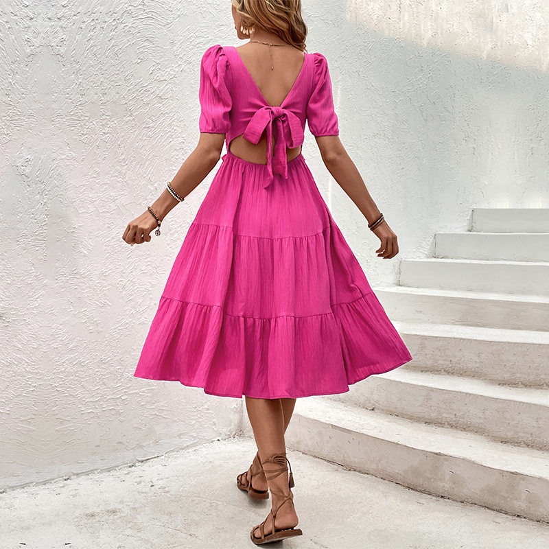 Summer Womens Dress Fuchsia Color Square Neck Ruffled Design Casual or Party Wear Wholesale Available
