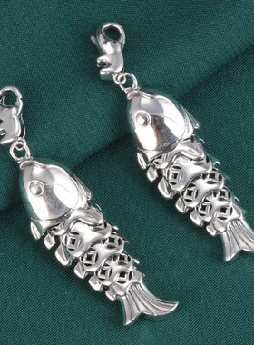 S925纯银钱币活动小鱼吊坠 复古锦鲤福鱼弹簧扣挂件坠子亮光饰品