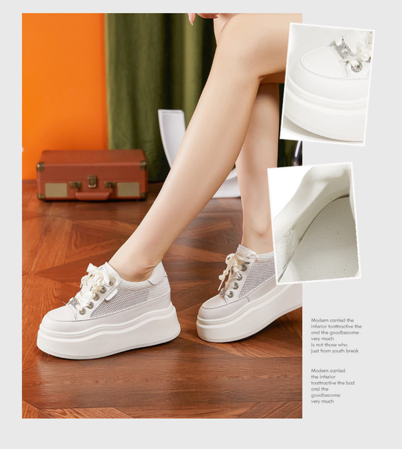Giày sneaker nữ chunky đế dày trắng phối dây buộc phong cách platform — Trắng, Bột trắng chi tiết 2