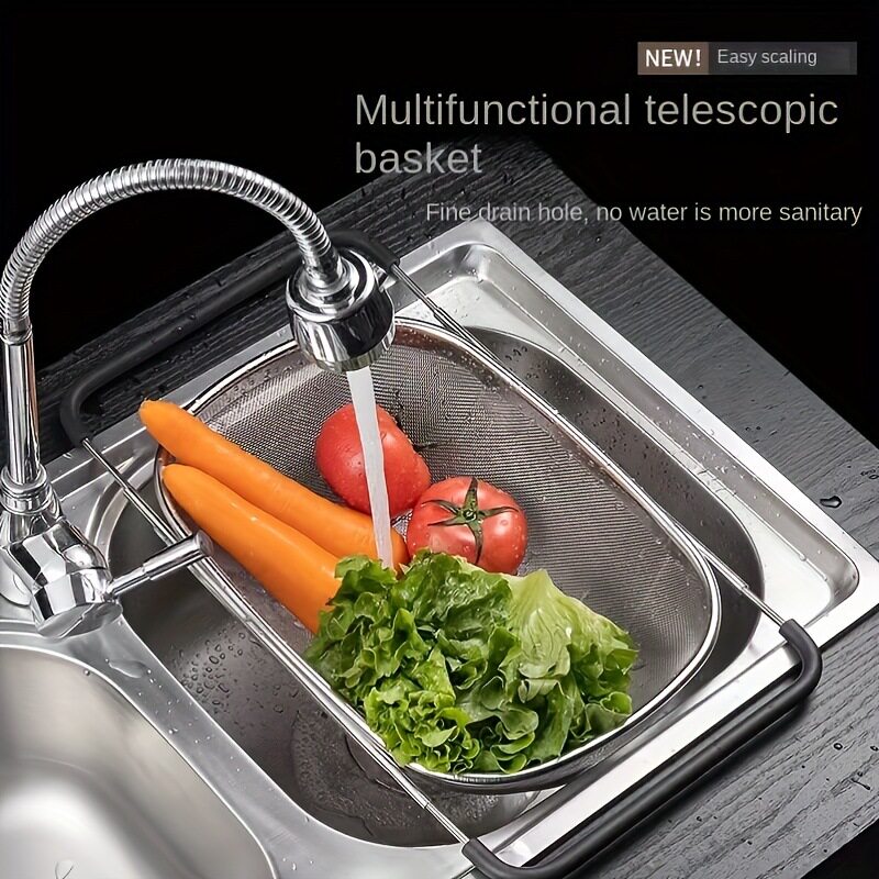 Cross-Border Temu Popular Stainless Steel Kitchen Mesh Basket Rice Cleaning Tool Telescopic Basket Household Square Drain Basket with Fcm