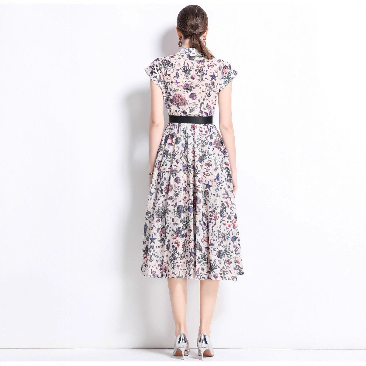 French Style Elegant Womens Dress Vintage Lapel Short Sleeve Waist Pleats Slim Fit Floral Print Perfect for