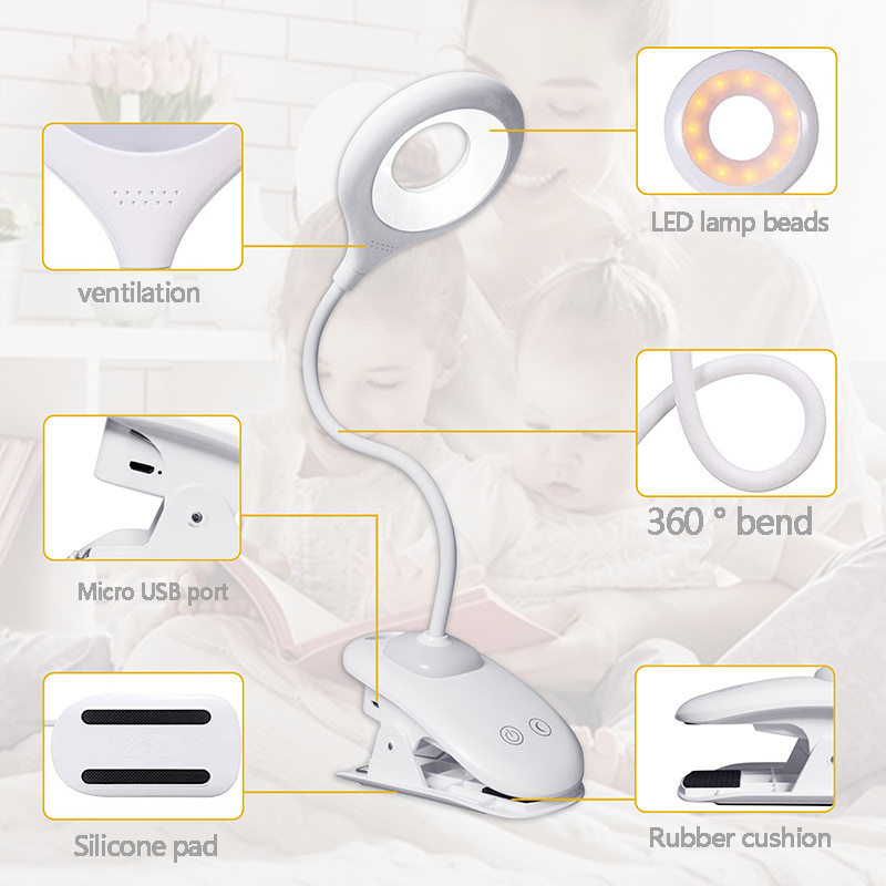 2000Mah Led Eye-Protection Clip-On Desk Lamp Amber Color Student USB Rechargeable Book Light with Adjustable Brightness Super Bright