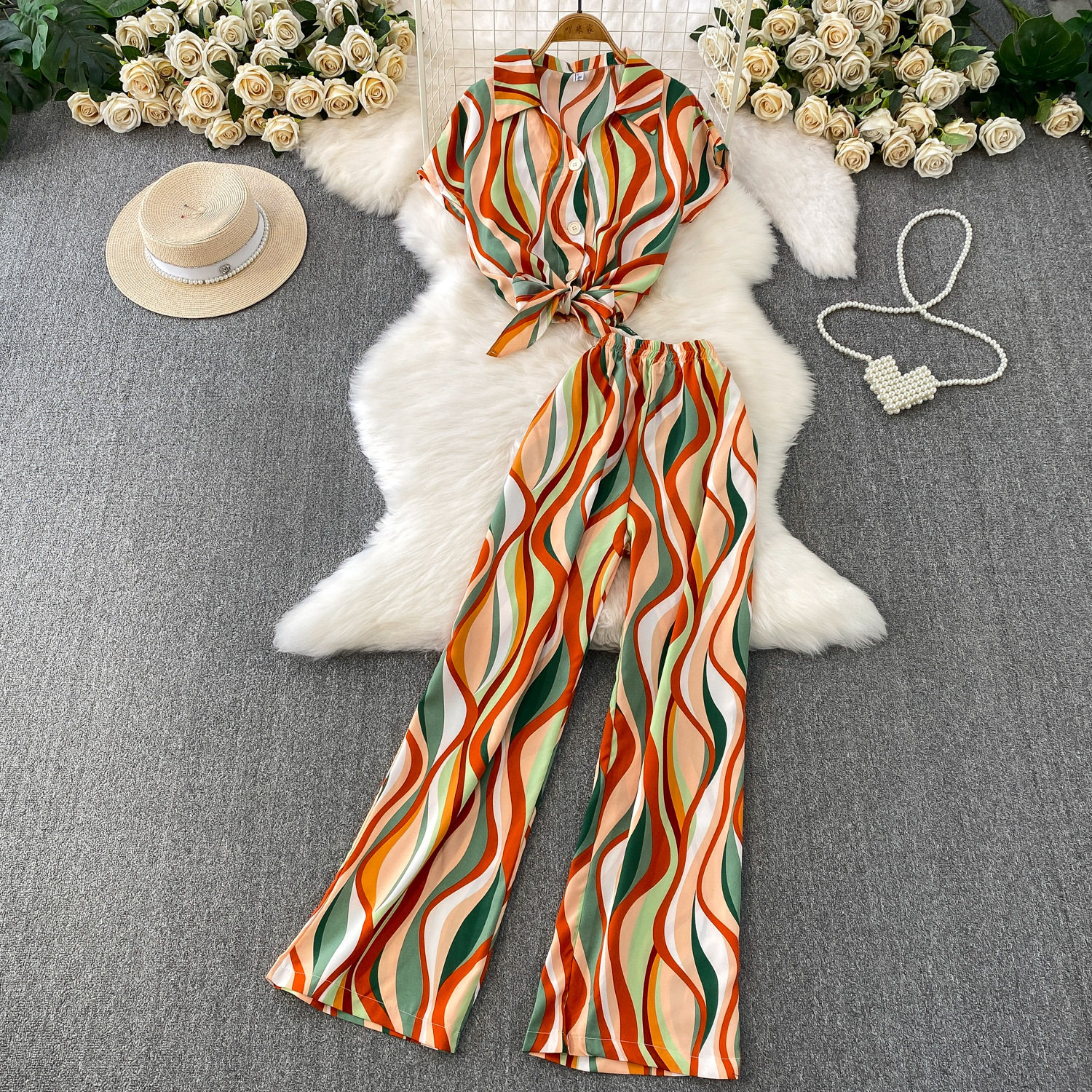 Hong Kong Style Ins Tie Waist Single-Breasted Lapel Short Light Mature Style Striped Shirt Casual Wide-Leg Pants Two-Piece Set