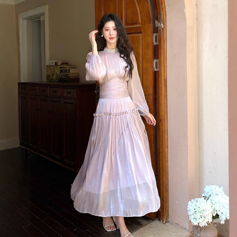 Korean Lantern Sleeve Long Dress Beaded Stand Collar Waist Defining A Line Wrinkled Shiny Fabric Beach Vacation