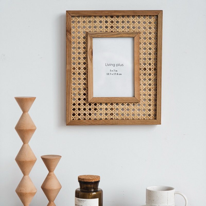 Japanese-style solid wood rattan Photo Frame 7-inch rectangular wall hanging picture frame ins photography shooting decorative props photo frame in stock