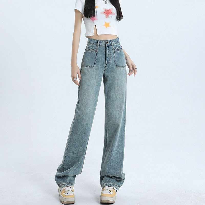 Womens Straight Leg Denim Jeans Casual Wide Leg Pocket Design Perfect for Pear Shaped Figures Spring Fall Wear