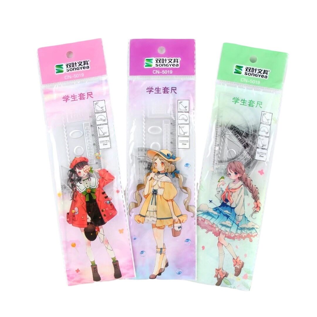 Cartoon Student Ruler Test suit Transparent Set Ruler Four-Piece Set 20cm Straight Ruler Cute School Supplies Stationery