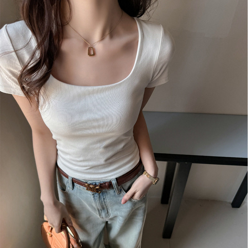 韩系纯棉方领内搭打底衫正肩短袖t恤女式辣妹时尚高级感修身上衣