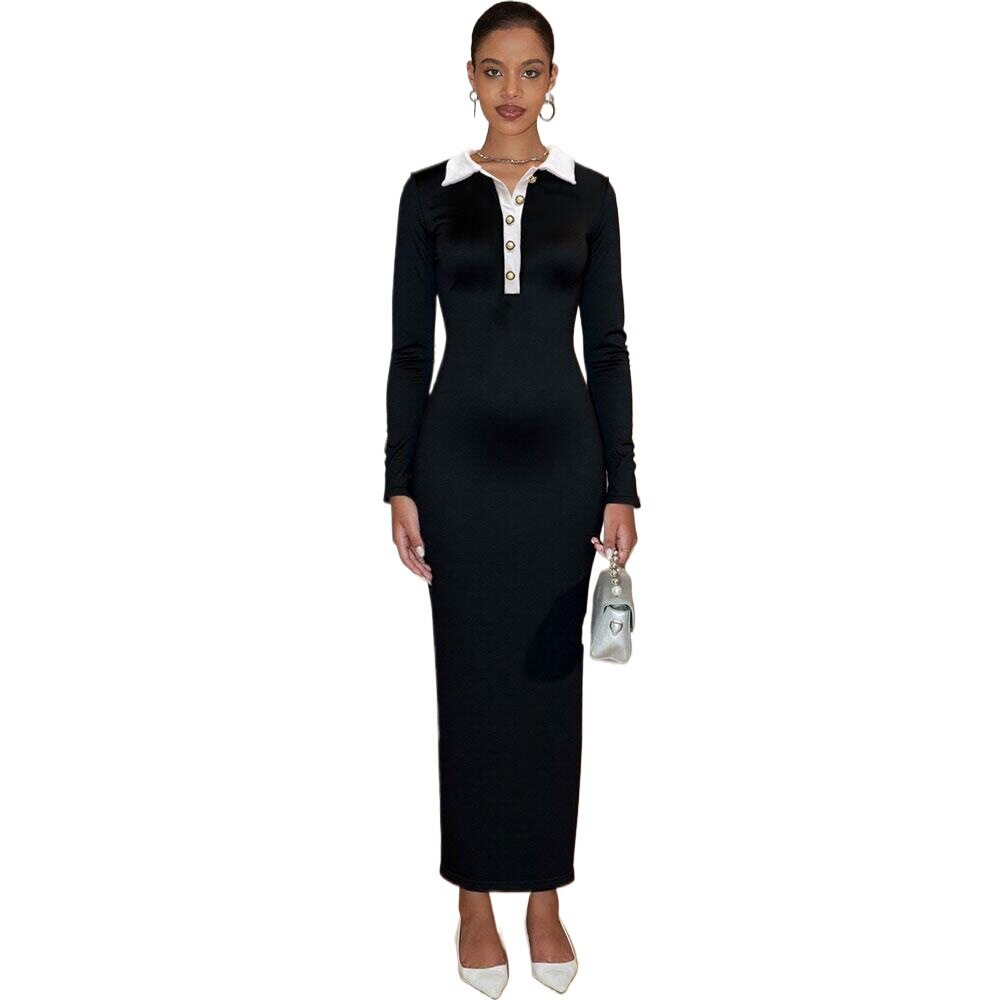 Long Sleeve Color Block Bodycon Knit Dress Slim Fit Lapel Collar Button Closure Elegant Style Perfect for Parties