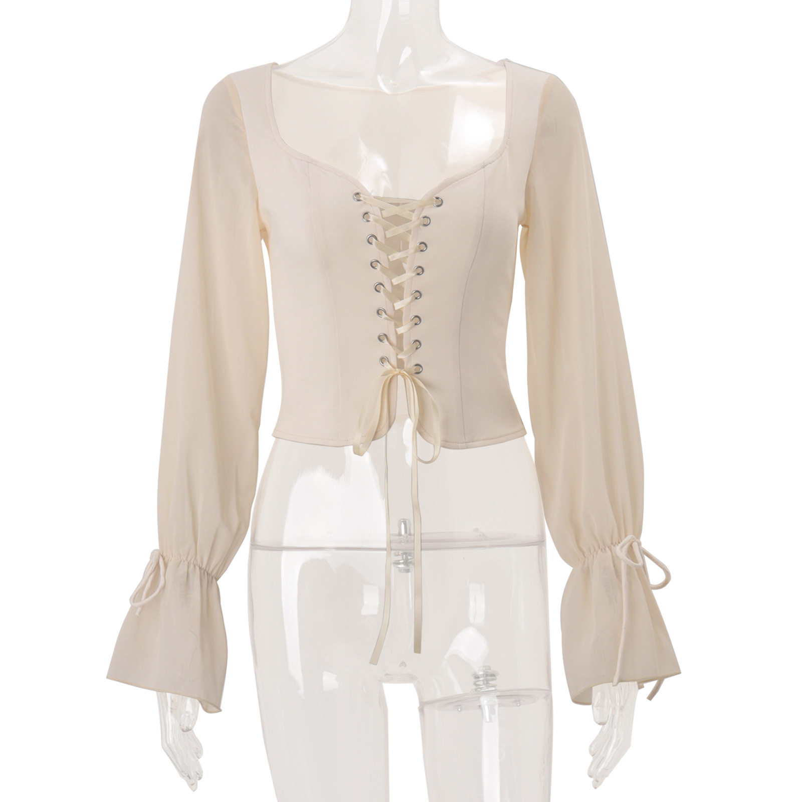Womens French Court Style Long Sleeve Top Hollow Out Design Bell Sleeves Elegant Fashion Autumn Collection